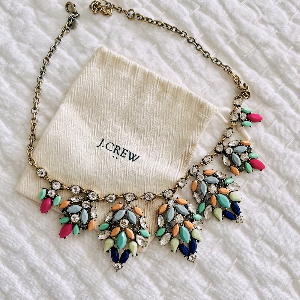 J Crew Statement necklace, rhinestones and faux gems set in gold tone.